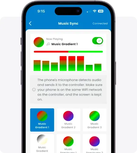 Gemstone Lights app Music Sync screen with EQ bars and music patterns