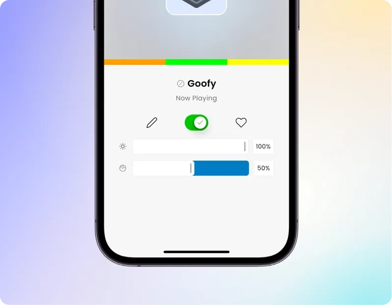 Gemstone Lights app Now Playing card with brightness and speed controls
