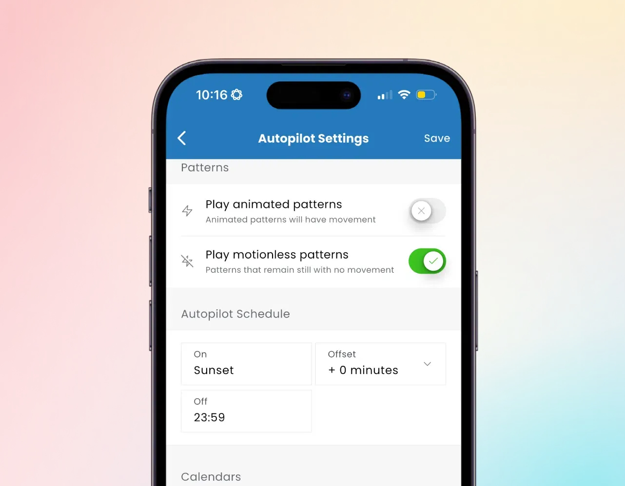 Gemstone Lights app Autopilot settings with a sunset start time