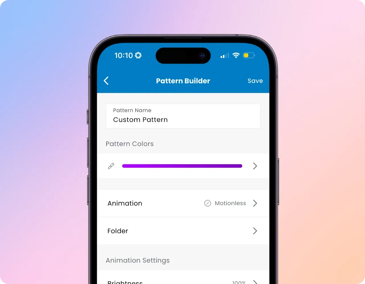 App pattern builder with colour, animation and folder options
