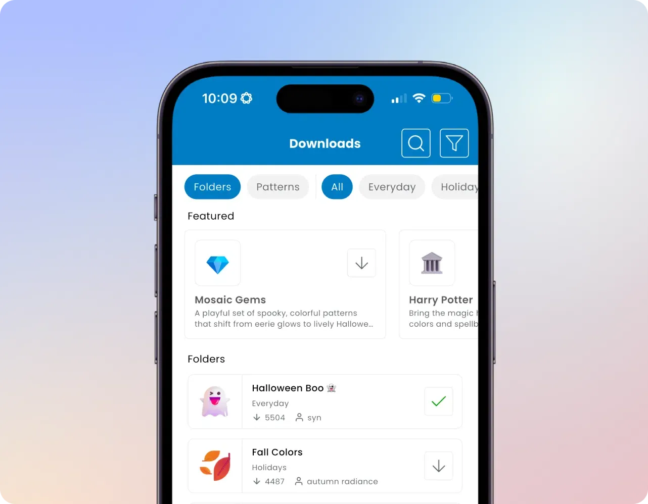 Gemstone Lights app showing folders of ready-made patterns