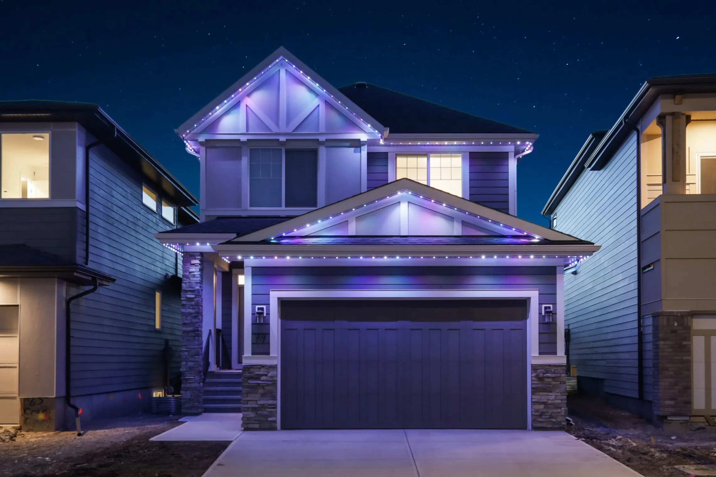 The same house in icy blue, violet and white