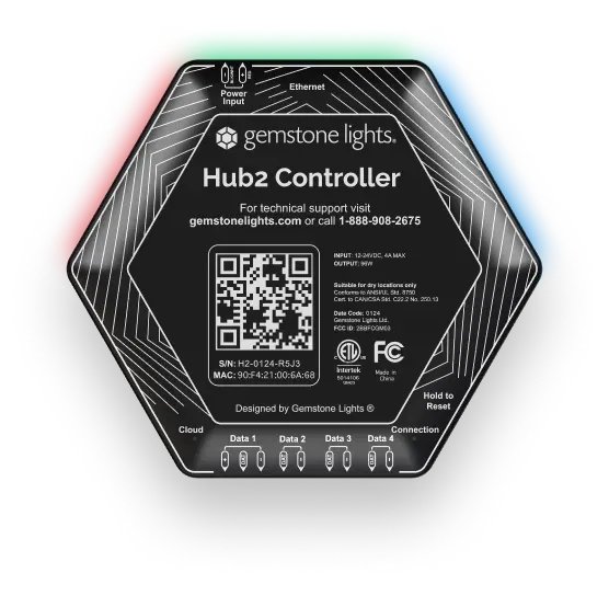 Gemstone Lights Hub2 controller, a dark hexagonal box with a QR code label