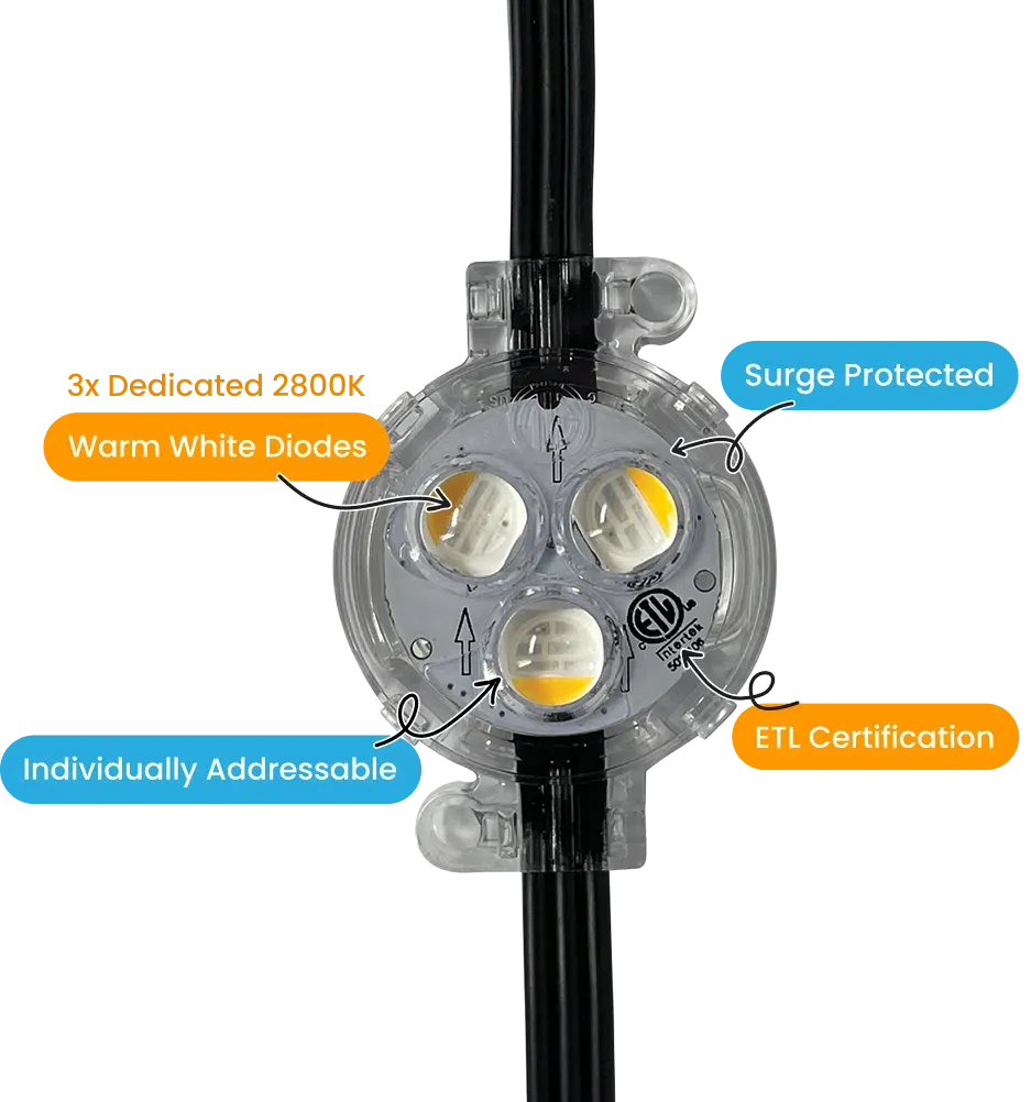 Close-up of a Gemstone light labelled with dedicated warm white diodes, surge protection, individual addressing and ETL certification