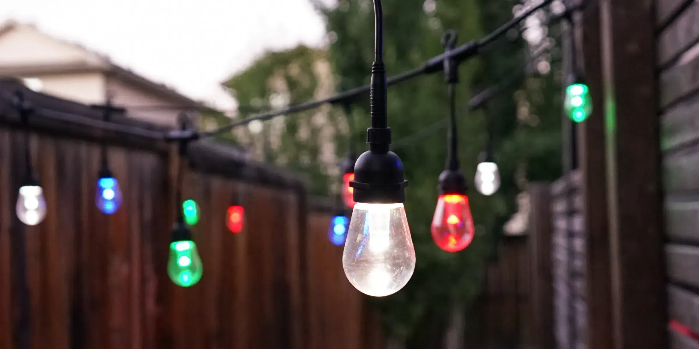 String light bulbs in red, green, blue and white