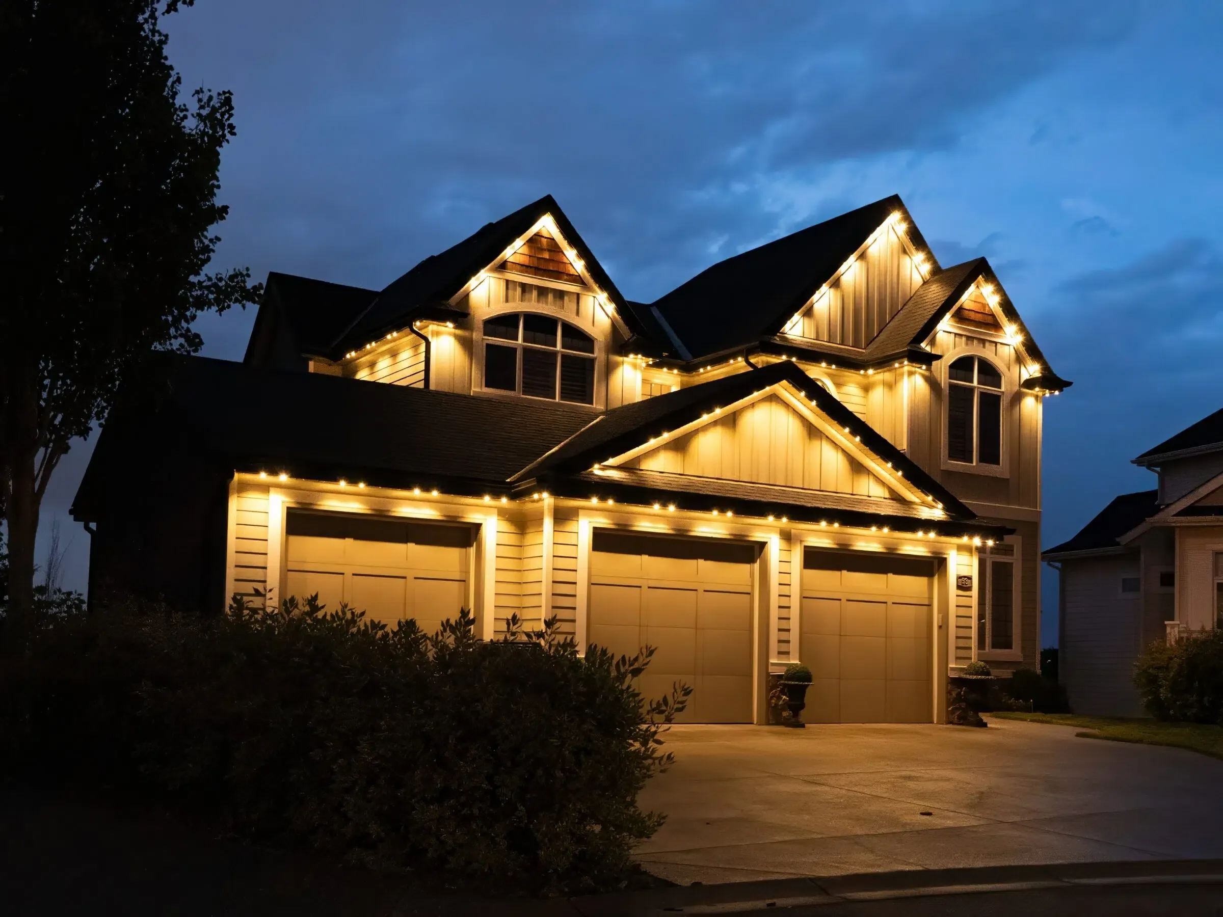 The same house with warm white roofline lights